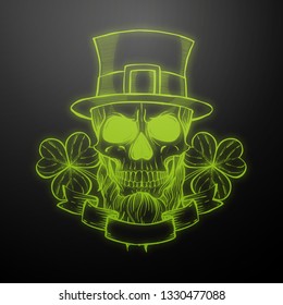 Line art, handdrawn angry skull of leprechaun with beard hat and clover leaves and a ribbon, St.Patrick s Day