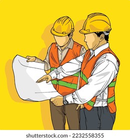 Line art hand-drawn illustration of a construction worker and architect, repairman and engineer, and industrial worker in uniform. Project manager, and employees in helmets, isolated.