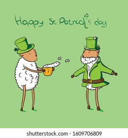 Line art handdrawn vector illustration for holiday of Happy St. Patrick's Day. Cute cartoon character. Doodle lamb in green Irish top hat with clover froths. Sheep in jacket with beard. greeting card
