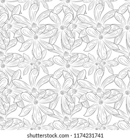 Line art handrawn floral background. Seamless pattern with spring flowers magnolia. suitable background, texture, fabric, textile, wallpaper, tile, print, backdrop, vintage,