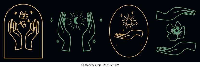 Line art of hands with celestial symbols. Hands holding stars, moons, and flowers. Elegant hand illustrations with cosmics. Hands and celestial art. Aesthetic spirituality vector illustration set.