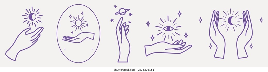 Line art of hands with celestial symbols. Hands holding sun, moon, stars. Mystical hands with cosmics. Spiritual, cosmic, celestial hands in art. Aesthetic spirituality vector illustration set.