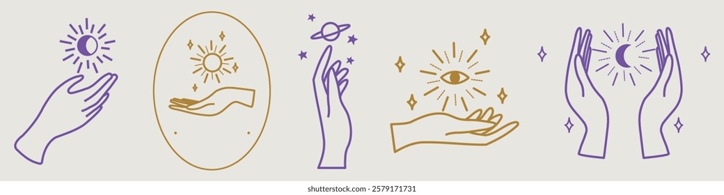 Line art of hands with celestial symbols. Hands hold sun, moon, and stars. Mystical hands, celestial elements, and cosmic symbols in minimalist style. Aesthetic spirituality vector illustration set.