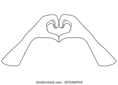 Las manos de las líneas de arte se doblan en forma de corazón. Amor propio y apoyo, Día de San Valentín. Piel clara, mutalka. Ilustración vectorial dibujada a mano aislada en fondo blanco.