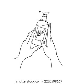 Line art of hands holding a bottle with a dispenser. Doodle illustration self care