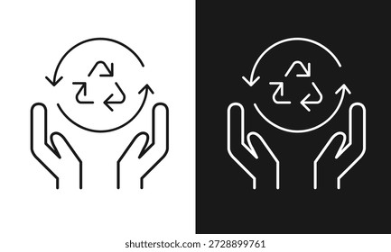 Line Art Hands Holding Circular Recycling Symbol and Sustainable Ecosystem Icon Set for Environmental Conservation and Circular Economy Concepts