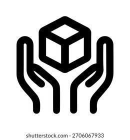 Manos de arte de línea que sostienen el icono geométrico de la forma del cubo para la protección