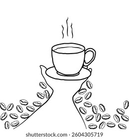 line art of hands holding a cup of hot coffee or tea on white background.