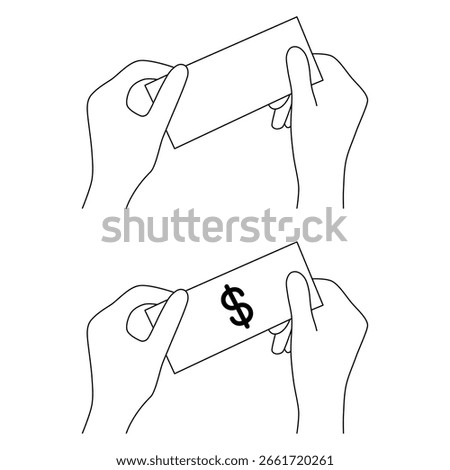 Line Art of Hands Holding Dollar Bill with Dollar Symbol. Minimalist black outline vector illustration of hands holding a banknote with a dollar symbol.