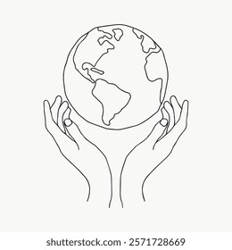 Line art of hands holding the Earth. Simple, minimalist design. Hands cradle the globe, symbolizing care and protection for the planet. Simple black line art doodle vector.