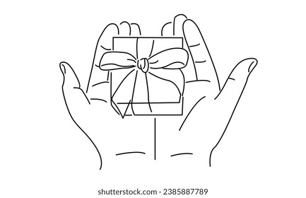 line art of hands holding kraft gift box tied with ribbon
