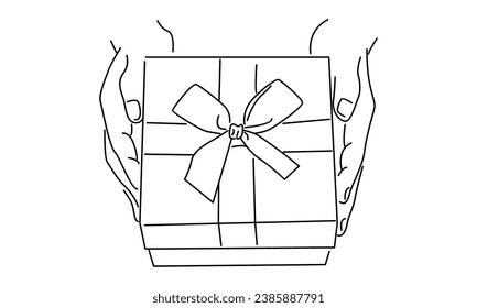 line art of hands holding kraft gift box tied with ribbon