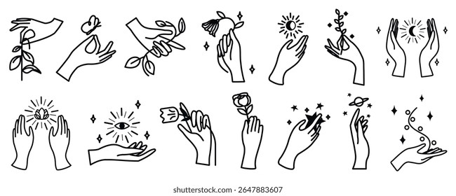 Line art of hands holding plants, flowers, and celestial symbols. Illustrations feature hands with leaves and stars. Minimalist with hands and nature. Aesthetic spirituality vector illustration set.