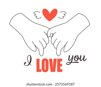 Line art hands of lovers holding each other. Love, romantic, relationship concept. Valentines Day greeting card. Vector doodle illustration, hand drawn design