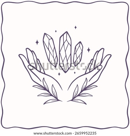 Line art hands with magical crystals, vector art