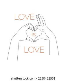 Line art hands making heart shape with fingers, vector banner with inscription love is love.