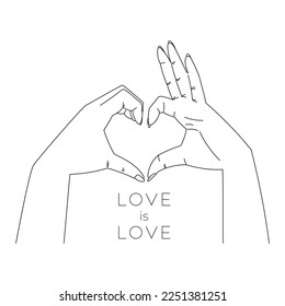 Line art hands making heart shape with fingers, vector banner with inscription love is love.