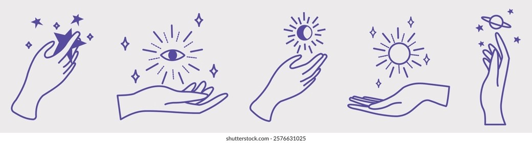 Line art of hands with mystical symbols. Hands with stars, eyes, and planets. Mystical hands with celestials. Hands in magical, mystical designs. Aesthetic spirituality vector illustration set.