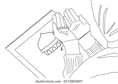 Line art hands in prayer holding a tasbih with an Islamic background. Minimalist design suitable for religious, spiritual, and cultural themes