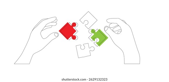 Line Art Hands Putting Together Colorful Jigsaw Puzzle Pieces. People playing brain games, leisure and activity vector art