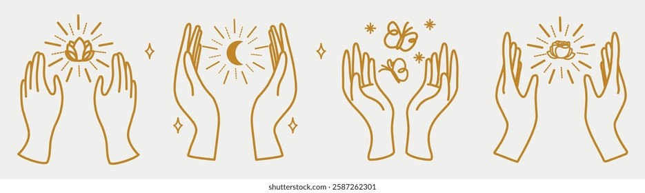 Line art of hands with symbols like butterflies, moon, and stars. Illustrations of hands, celestial elements, and mystical symbols in gold line art. Aesthetic spirituality vector illustration set.