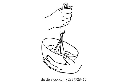 line art of hands using manual hand mixer vector illustration