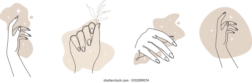Line art hands vector set. Modern one line image hands. Abstract pastel manicure illustration. 