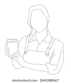 line art Handsome women man wearing  apron. Barista holding coffee cup,