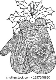 Line art of hanging Christmas glove for coloring book, coloring page or print on product. Vector illustration