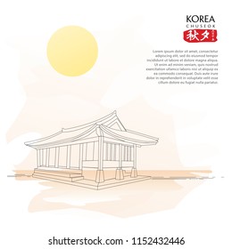 LINE ART HANOK KOREAN TRADITIONAL HOUSE WITH PERSPECTIVE VIEW.THE FOREIGN TEXT IN THE IMAGE MEANS: CHUSEOK , AUTUMN EVE. VECTOR