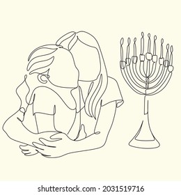  Line Art Hanukkah. Jüdisches Lichterfest. Kinder mit Kerzen auf einer traditionellen Menorah. FerienIllustration Israel