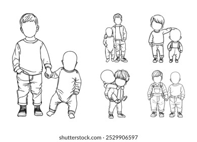 Linha arte feliz bebê íntimo com amor irmão Pose arte preto e branco ilustração mão desenhado Clipart