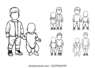 Linha arte feliz bebê íntimo com amor irmão Pose arte preto e branco ilustração mão desenhado Clipart