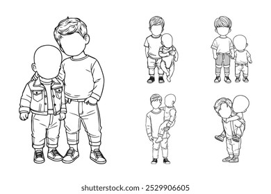 Linha arte feliz bebê íntimo com amor irmão Pose arte preto e branco ilustração mão desenhado Clipart