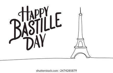 Line art Happy Bastille Day Day text lettering banner concept. Hand drawn vector art.