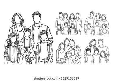 Line Art Happy Big Family Photo Pose Art Black and White Illustration Hand Drawn Clipart