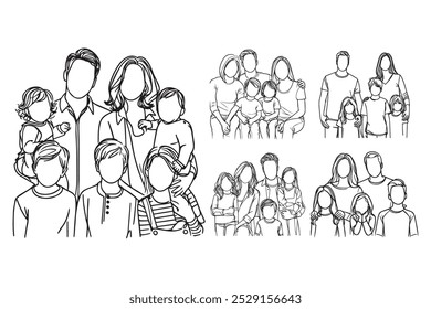 Line Art Happy Big Family Photo Pose Art Black and White Illustration Hand Drawn Clipart