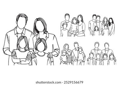 Line Art Happy Big Family Photo Pose Art Black and White Illustration Hand Drawn Clipart