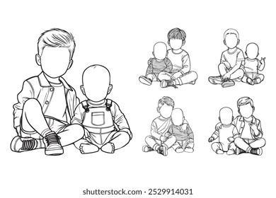 Line Art Happy Brotherhood Baby Love Close Sitting Pose Art Black and White Illustration Hand Drawn Clipart