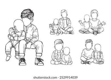 Line Art Happy Brotherhood Baby Love Close Sitting Pose Art Black and White Illustration Hand Drawn Clipart