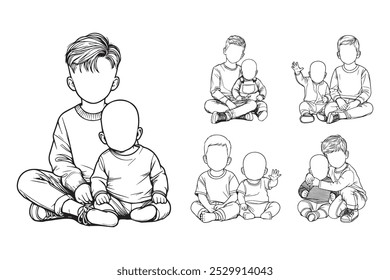 Line Art Happy Brotherhood Baby Love Close Sitting Pose Art Black and White Illustration Hand Drawn Clipart