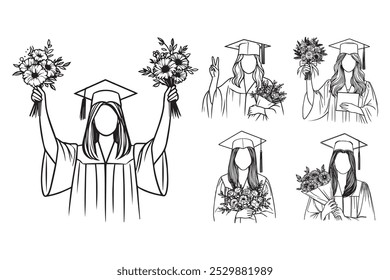 Line Art Happy Celebrate Women Graduation With Bouquet Photo Art Black and White Illustration Hand Drawn Clipart