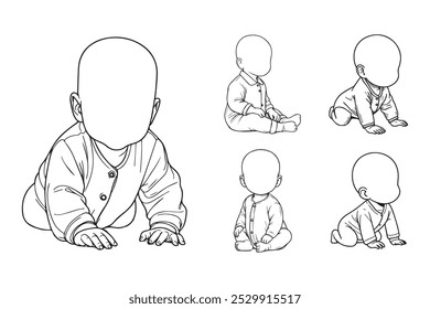 Line Art Happy Cute Baby Use Clothes Buttons Sitting and Crawl Pose Art Black and White Illustration Hand Drawn Clipart