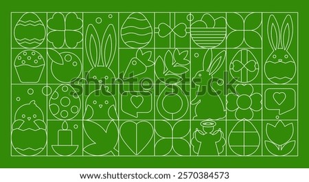 Line Art Happy Easter Design in Art Deco Style. Bauhaus Geometric Pattern on Green Background