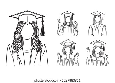 Linie Kunst Happy Graduierung Mädchen feiern Pose Verwenden Kleid Kunst Schwarz und Weiß Illustration Handgezeichnet Clipart