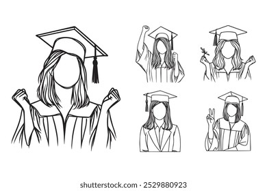 Linie Kunst Happy Graduierung Mädchen feiern Pose Verwenden Kleid Kunst Schwarz und Weiß Illustration Handgezeichnet Clipart