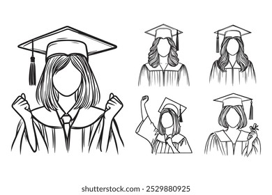 Linie Kunst Happy Graduierung Mädchen feiern Pose Verwenden Kleid Kunst Schwarz und Weiß Illustration Handgezeichnet Clipart