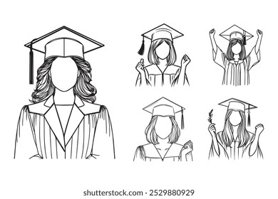 Linie Kunst Happy Graduierung Mädchen feiern Pose Verwenden Kleid Kunst Schwarz und Weiß Illustration Handgezeichnet Clipart