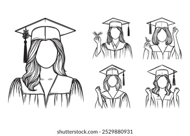 Linie Kunst Happy Graduierung Mädchen feiern Pose Verwenden Kleid Kunst Schwarz und Weiß Illustration Handgezeichnet Clipart