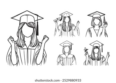 Line Art Happy Graduation Girl Celebrate Pose Use Gown Art Black and White Illustration Hand Drawn Clipart